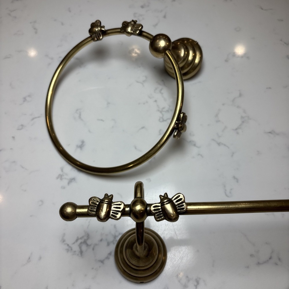 Anthropologie AnthroHome Solid Brass Lot of 2 Bumble Bee Towel Bar 23" Ring Set